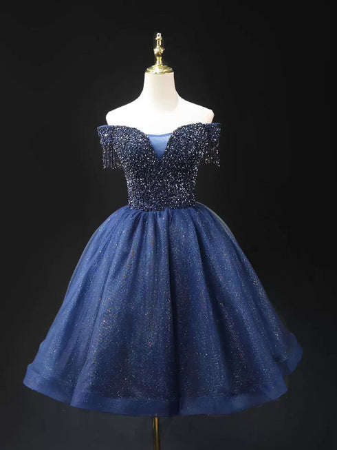 Gothic Royal Blue Off-Shoulder Short Wedding Party Dress - Designer Sequin Gown - Corset Back Wedding Dress Plus Size